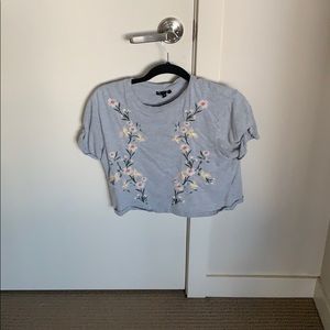 Flower Embroidered Short Sleeved Cropped Shirt